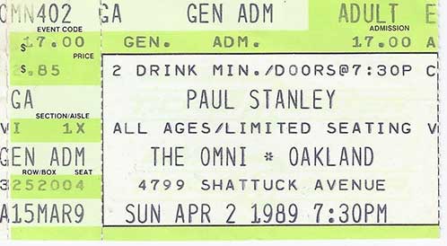 Ticket from Paul Stanley Oakland, CA, USA 02 April 1989 show
