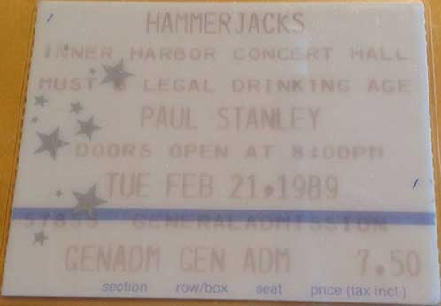 Ticket from Paul Stanley Solo Baltimore, MD, USA 21 February 1989 show