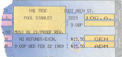 Ticket from Paul Stanley Solo Philadelphia, PA, USA 22 February 1989 show
