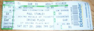 Ticket from Paul Stanley 28 October 2006 show New York, USA
