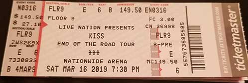 Ticket from Kiss Columbus, OH, USA 16 March 2019 show