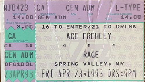 Ticket from Ace Frehley Spring Valley, NY, USA 23 April 1993 show